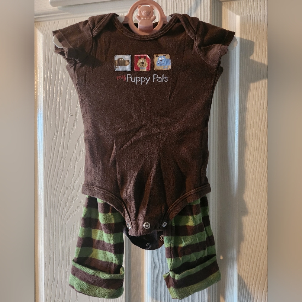 🐶 Brown Puppy Pals Baby Onesie with Striped Pants